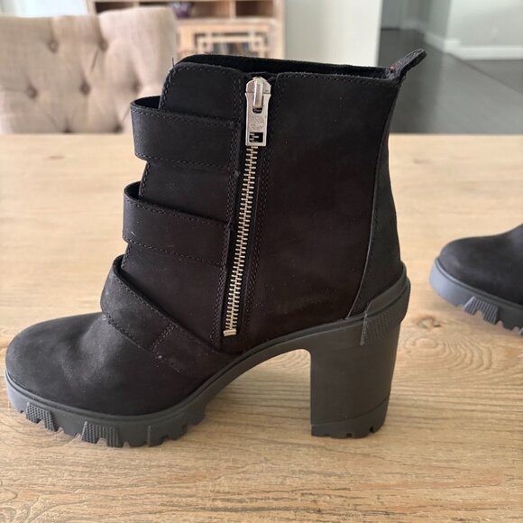 Timberland Women Lana Point Black Leather Buckle Moto Ankle Heel Boots sz 9 - Picture 7 of 9